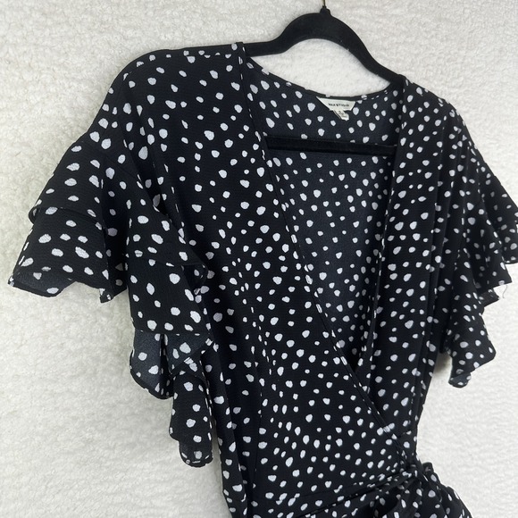 Max Studio Dress Womens Small Black White Polka Dot Ruffle Flutter Wrap Midi - Picture 4 of 11